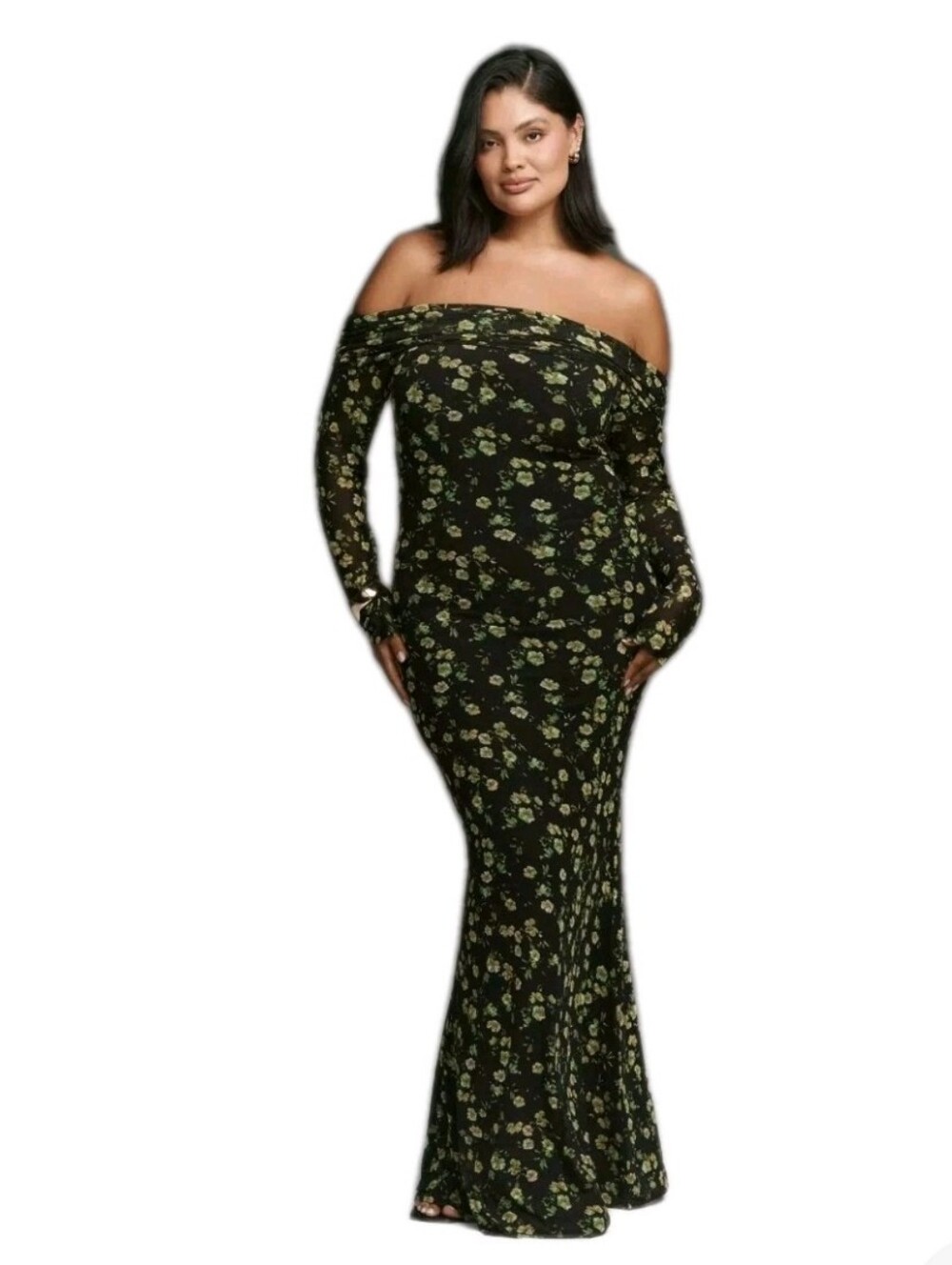 AFRM Anthropologie Long Sleeve Off Shoulder Mesh Green Floral Maxi Dress Sz: 1X